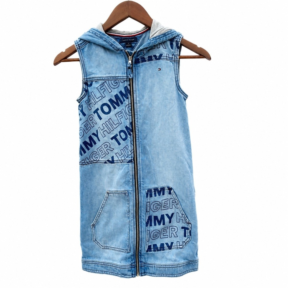 Tommy Hilfiger Denim Hooded Zip Dress Womens 10 Sleeveless Blue Logo Cotton